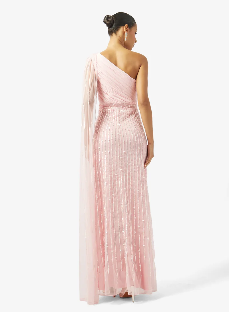 Namshi x One Shoulder Bead Embellished Evening Gown with Cape